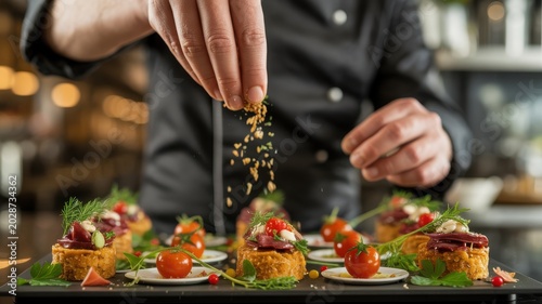 Chef garnishing gourmet appetizers with herbs and spices in modern kitchen fine dining concept