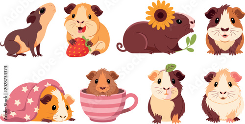 Foto Set of funny smiling guinea pigs with strawberry sunflower teacup and cozy star blanket illustrations