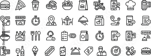 Food Delivery and Restaurant UI Minimal Line Icons Collection – Online Ordering Outline Vector Set