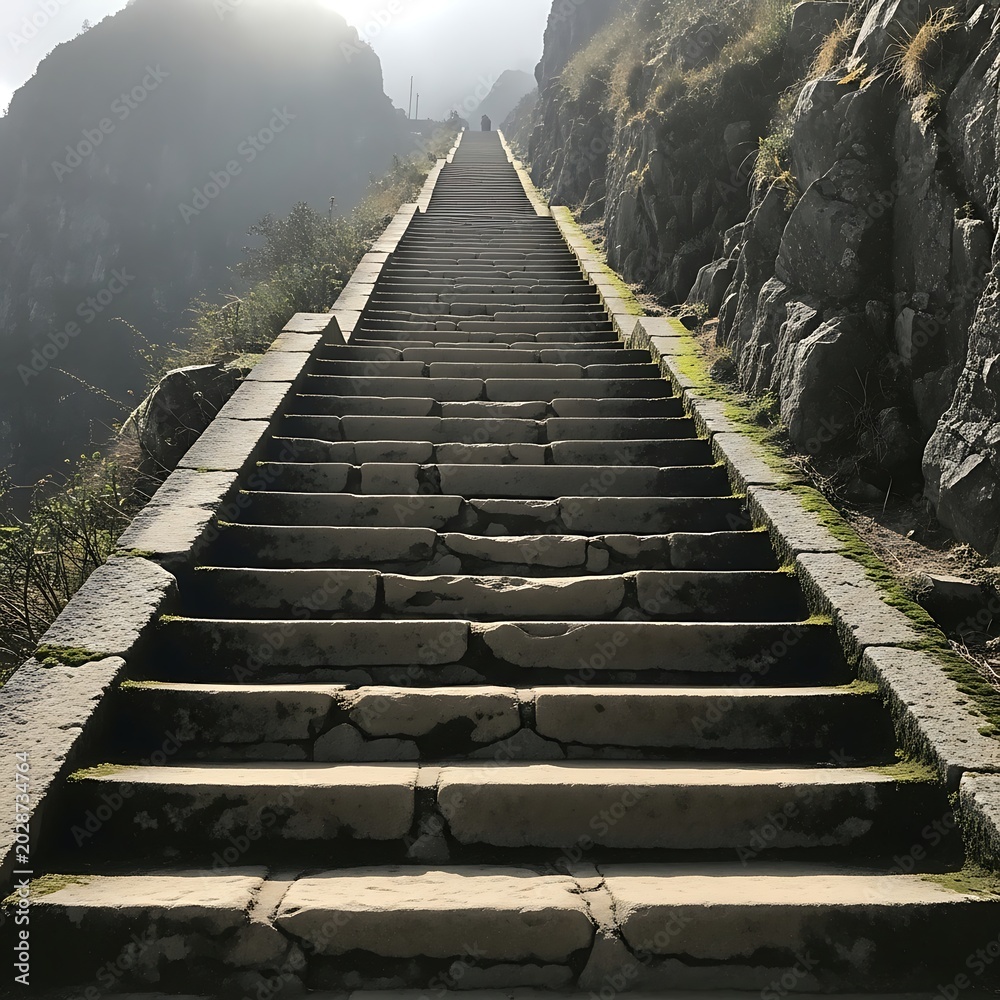 Obraz premium Ancient Stone Stairway Rising Through Rocky Mountain Pass in Morning Light