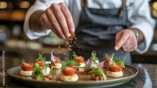 Chef plating gourmet appetizers with precision adding seasoning in fine dining culinary presentation