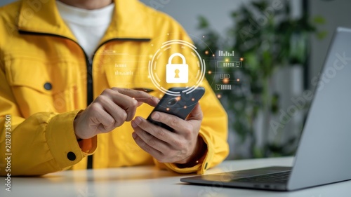 Person using smartphone with digital lock interface highlighting cybersecurity and data protection