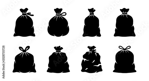 Collection of Eight Black Silhouette Gift Bags, Drawstring Pouches, and Sacks for Presents and Storage
