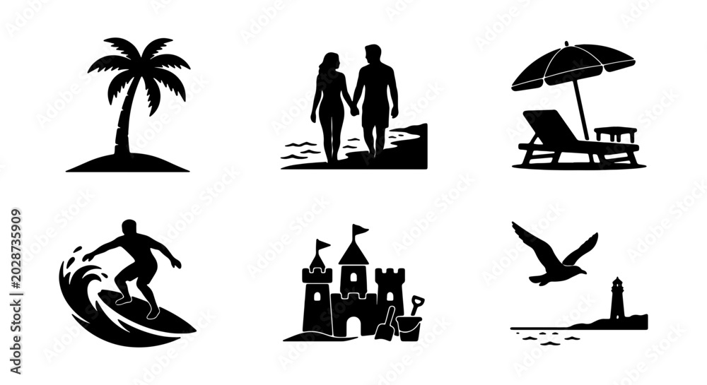 Obraz premium Beach Vacation Icons Set, Summer Holiday Silhouettes, Tropical Travel Graphics, Seaside Elements