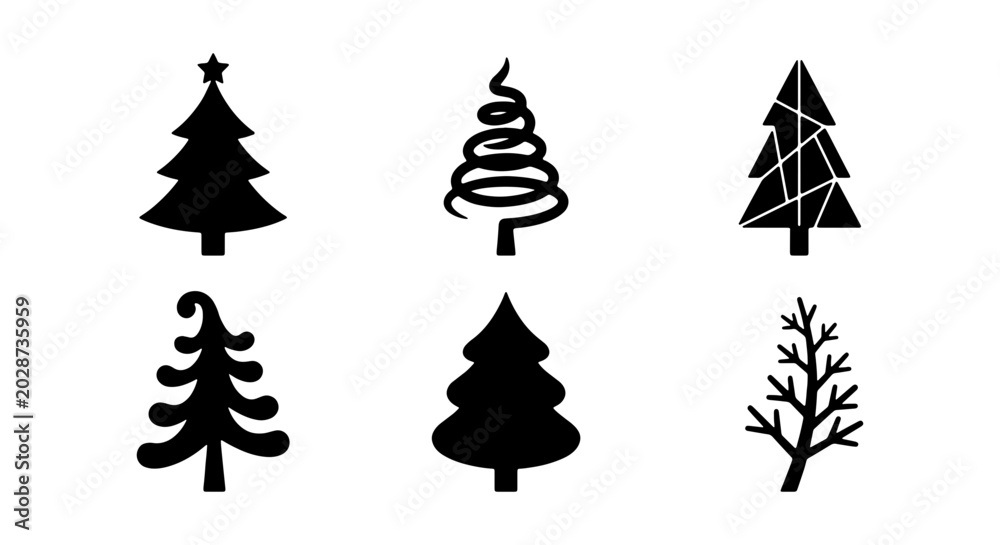 Fototapeta premium Christmas Tree Icons Set, Festive Holiday Vector Graphics, Winter Celebration Symbols, Black Silhouette Collection