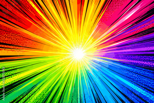 Explosion of rainbow colors with comic book style speed lines and halftone dots