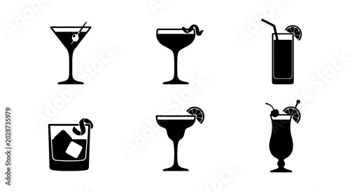 Cocktail Icons Set, Bar Drinks Vector Graphics, Martini Glass, Margarita, Highball, Old Fashioned