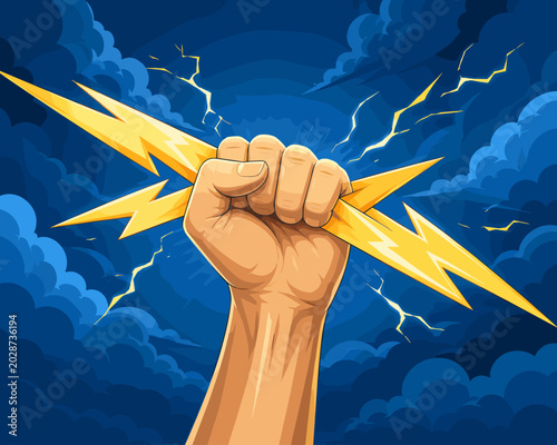 Fist holding lightning bolt against stormy sky with thunder