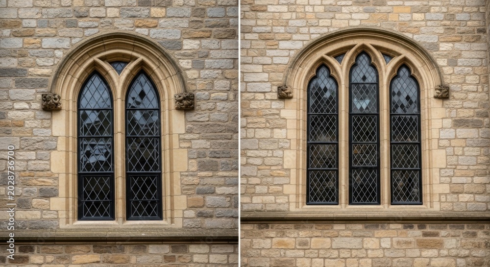 Obraz premium Gothic arched stone windows with iron grilles on historic building exterior in natural light