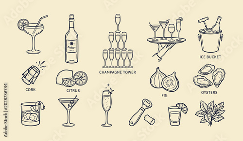 Fotografia Elegant Party Drinks and Food Icons Set Featuring Champagne Cocktails Wine Oyste