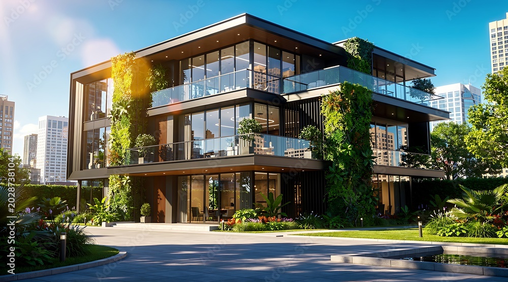 Fototapeta premium Modern Luxury Home with Greenery and Glass Facade in Urban Setting.