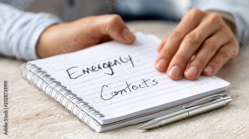 A notebook with handwritten emergency contacts is resting on a surface next to a pen, ideal for daily reference and safety