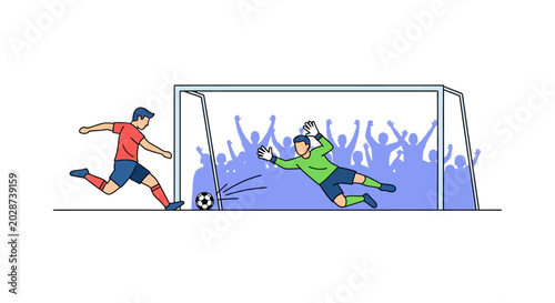 Cuadro en lienzo Soccer player kicking ball at goal with goalkeeper defending