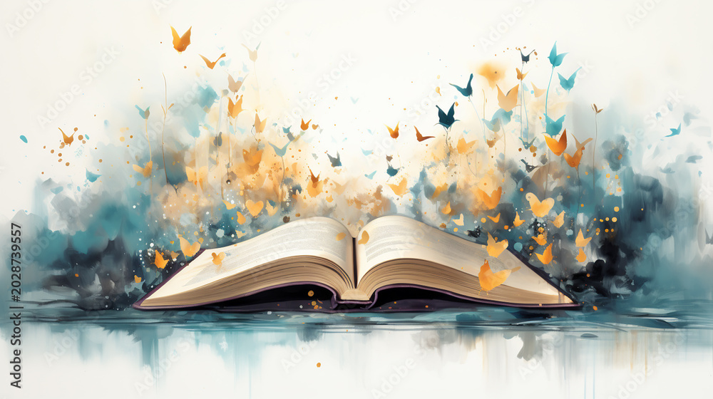 Obraz premium Watercolor open book with magic cloud like powder or smoke. The whole world in one book. Hand painted book illustration for educational design