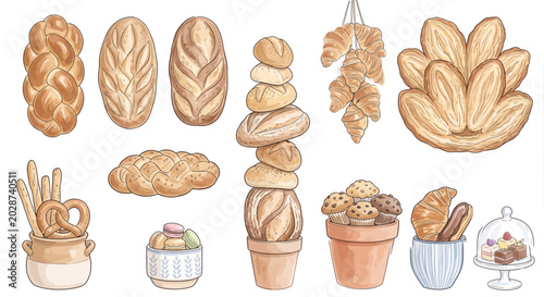 Foto A charming collection of hand-drawn vector baked goods, showcasing an appetizing