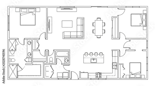 Foto Modern House Floor Plan with Two Bedrooms, Spacious Living Room, and Open Kitche