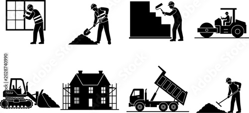 Foto Construction silhouettes showing machinery, manual labor, house building, urban