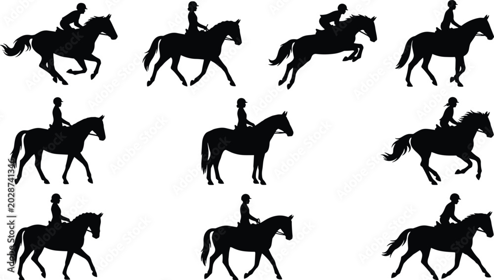 Fototapeta premium Horse Riding and Equestrian Sport Silhouette Collection Featuring Riders Jumping Galloping Training and Competitive Riding Activities