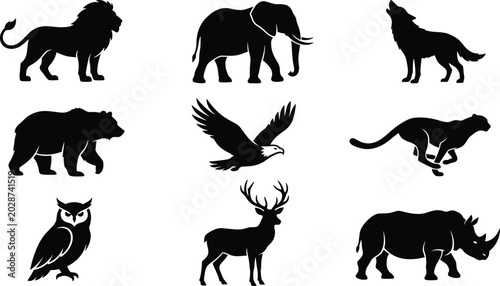 Bild auf Leinwand Minimalist black animal silhouettes featuring lion, elephant, wolf, bear, eagle,