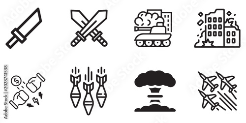 Military Warfare and Global Conflict Icon Set - Tank, Missiles, Fighter Jets, and Destruction Symbols for News and History