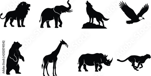 Bild auf Leinwand Minimalist black animal silhouettes featuring lion, elephant, wolf, eagle, bear,