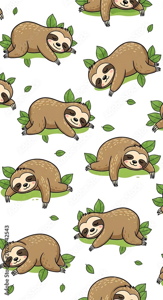 Fototapeta premium Cute Cartoon Sloth Pattern Resting Among Green Leaves on White Background