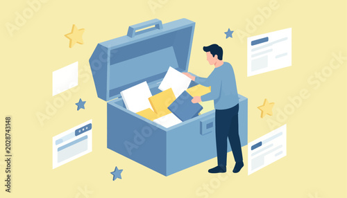 Quadro em tela Man efficiently organizing and storing digital information in a large archive bo