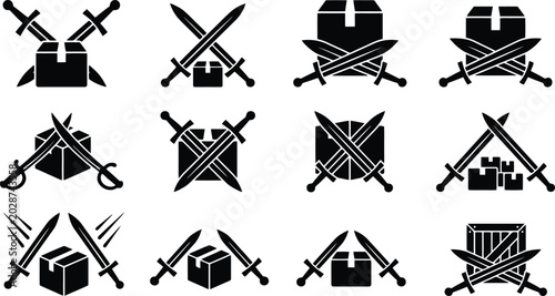 Φωτογραφία Medieval sword and cardboard box icons, set of 12 black vector silhouettes, cros
