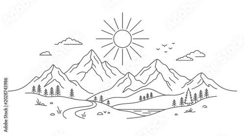 Obraz na plátně Minimalist Line Art Landscape Featuring Mountains and Sun.