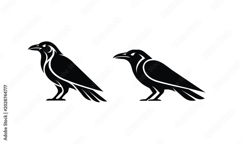 Fototapeta premium Stylized Raven Bird Logo Set in Tribal Black Vector Design