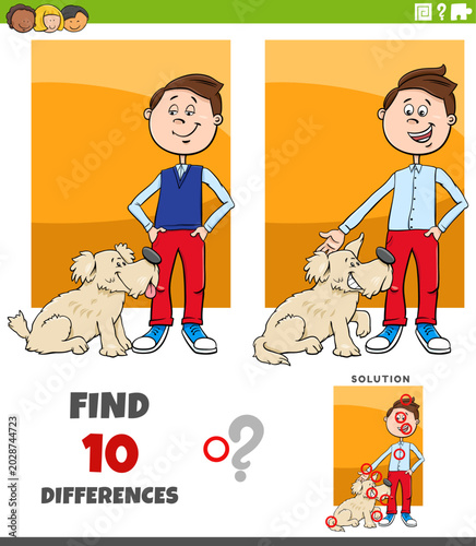 differences puzzle game with cute cartoon boy and his dog
