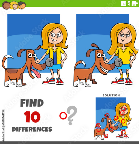 Schilderij op canvas differences puzzle game with cute cartoon girl and her dog