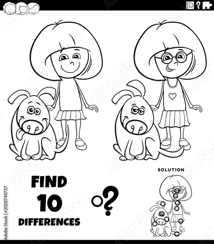 differences puzzle game with cute cartoon girl and her dog coloring page