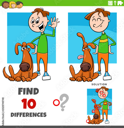 differences puzzle game with cute cartoon boy and his dog