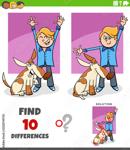 differences puzzle game with cute cartoon boy and his dog