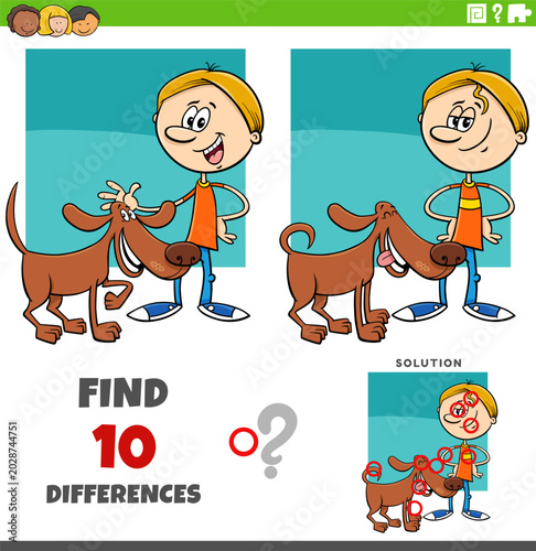 differences puzzle game with cute cartoon boy and his dog