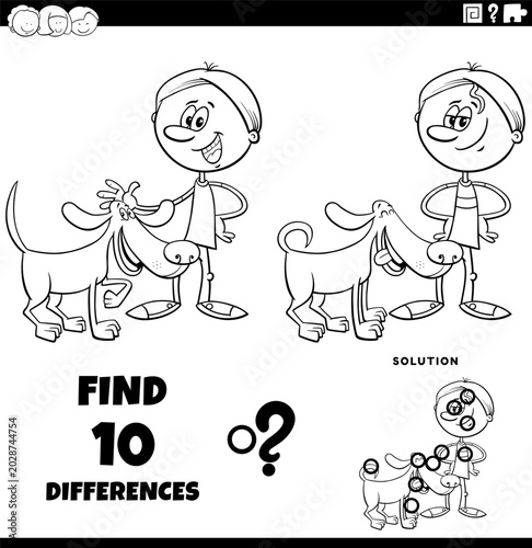 differences puzzle game with cute cartoon boy and his dog coloring page
