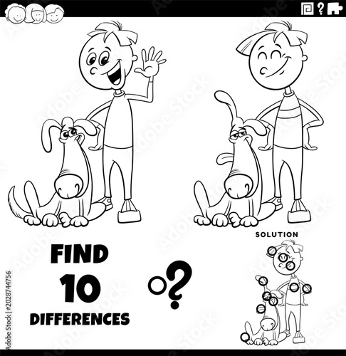 differences puzzle game with cute cartoon boy and his dog coloring page