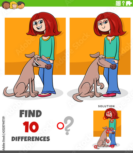 differences puzzle game with cute cartoon girl and her dog