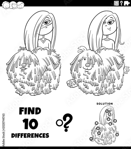 differences puzzle game with cute cartoon girl and her dog coloring page