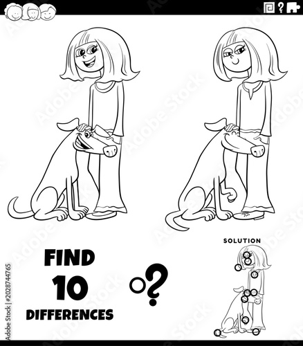 differences puzzle game with cute cartoon girl and her dog coloring page