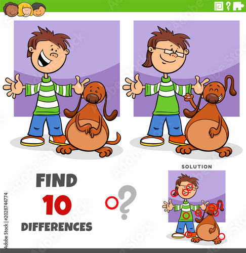 differences puzzle game with cute cartoon boy and his dog