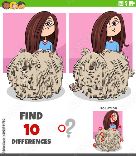 differences puzzle game with cute cartoon girl and her dog