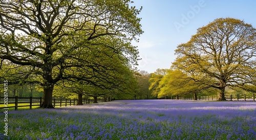 Blooming Purple Bluebell Meadow Under Large Oak Trees in Spring Woodland