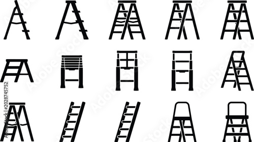 Schilderij op canvas Minimalist ladder icon set, 15 black stepladder vector silhouettes, industrial c