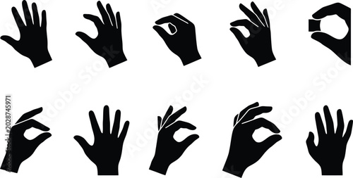 Fotografie Black hand silhouette icons, set of 10 human hand gestures and finger positions,