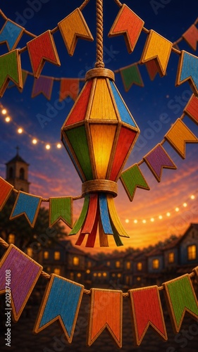Anoitecer em arraiá de festa junina vertical, bandeirinhas e balão com textura de madeira no centro de cidade do interior