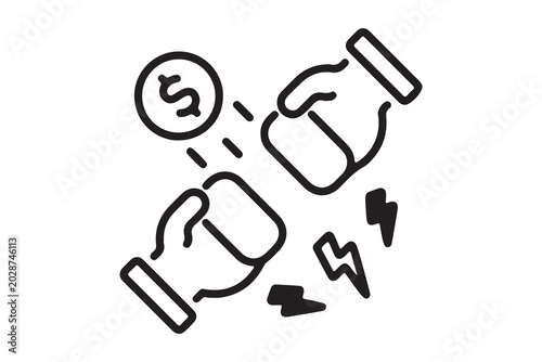 Financial Competition and Economic Conflict Icon - Boxing Gloves with Dollar Coin and Power Strike Symbols