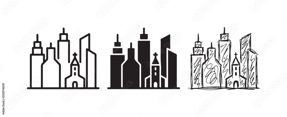 Fototapeta premium Cityscape icons with buildings and a church, illustrating urban environments in outline, solid, and hand-drawn styles.