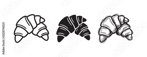 Single Croissant Icon in Outline, Solid Black, and Sketchy Hand-Drawn Styles
